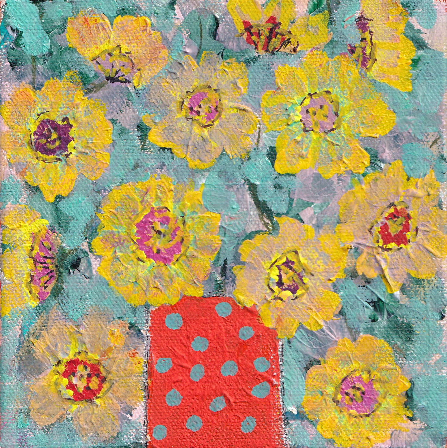 FLOWERS IN ORANGE AND TURQUOISE POLKA DOT VASE