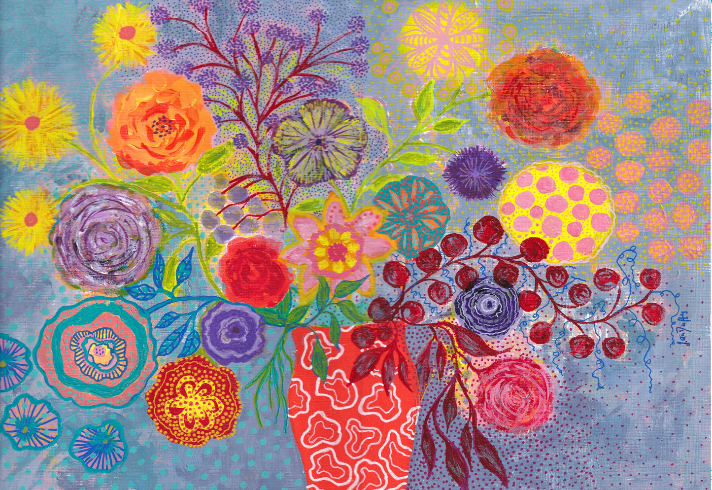 FLOWERS AND BERRIES IN ORANGE VASE