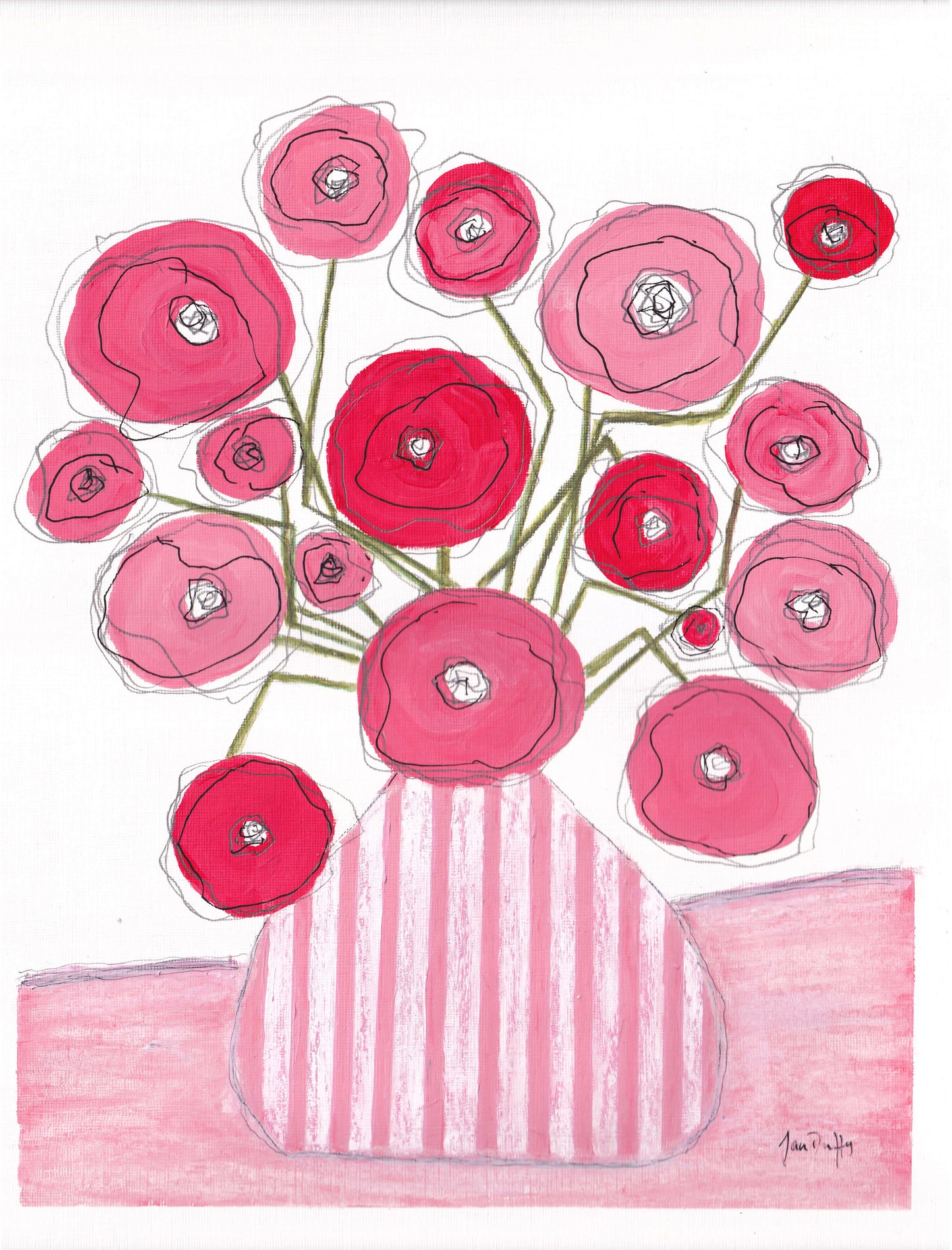 Wrapped Canvas Print 24 X 30" Pink Poppies in Candy Stripe Vase