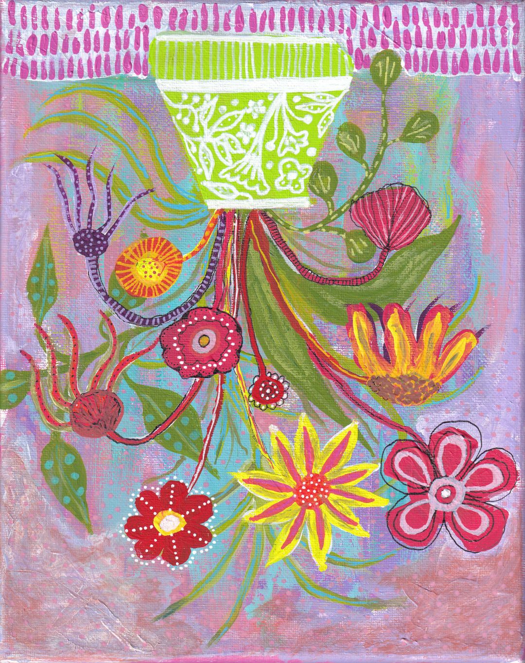 Wrapped Canvas Print 24 X 30" Summer Flowers in Green and White Vase