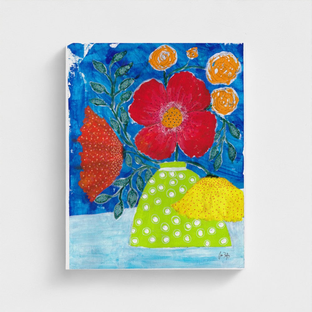 Wrapped Canvas Print 16 X 20" Poppies in Apple Green Polka Dot Vase