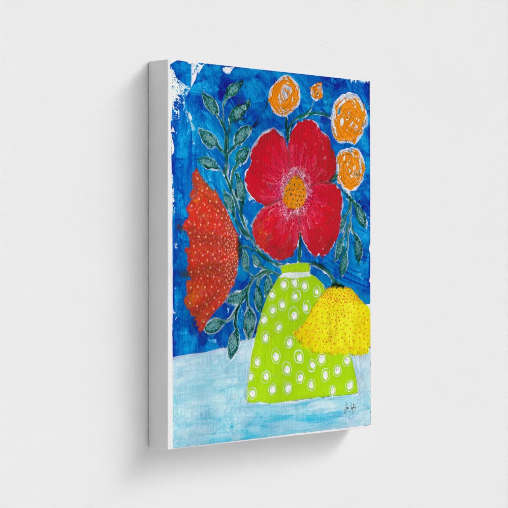 Wrapped Canvas Print 16 X 20" Poppies in Apple Green Polka Dot Vase