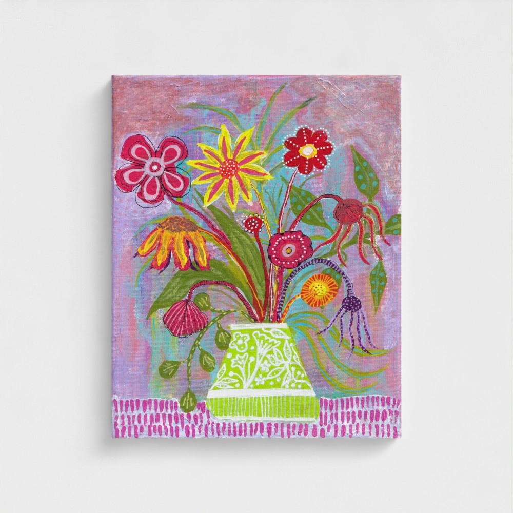Wrapped Canvas Print 24 X 30" Summer Flowers in Green and White Vase