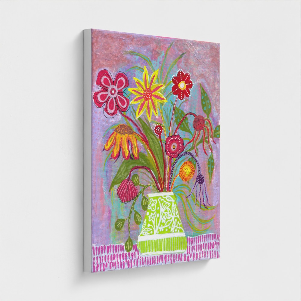 Wrapped Canvas Print 24 X 30" Summer Flowers in Green and White Vase