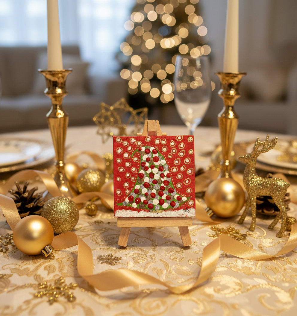 Small painting of a Christmas tree on a red background with white and gold accents, displayed on a wooden easel.