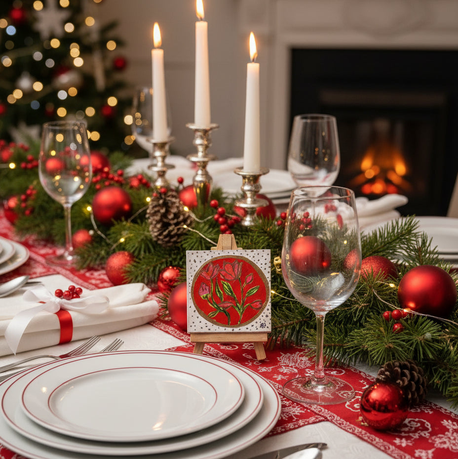Christmas-themed table setting with candles, glasses, and decorations in front of a fireplace.