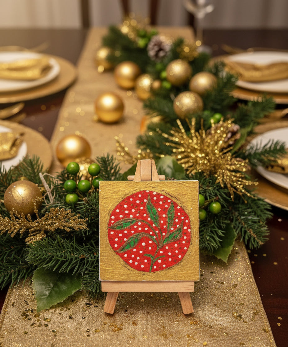 Small wooden easel with a painting of a red polka dot circle and green leaves on a white background