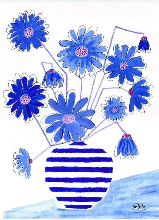 Wrapped Canvas Print 24 X 30" Blue Flowers in Blue Striped Vase
