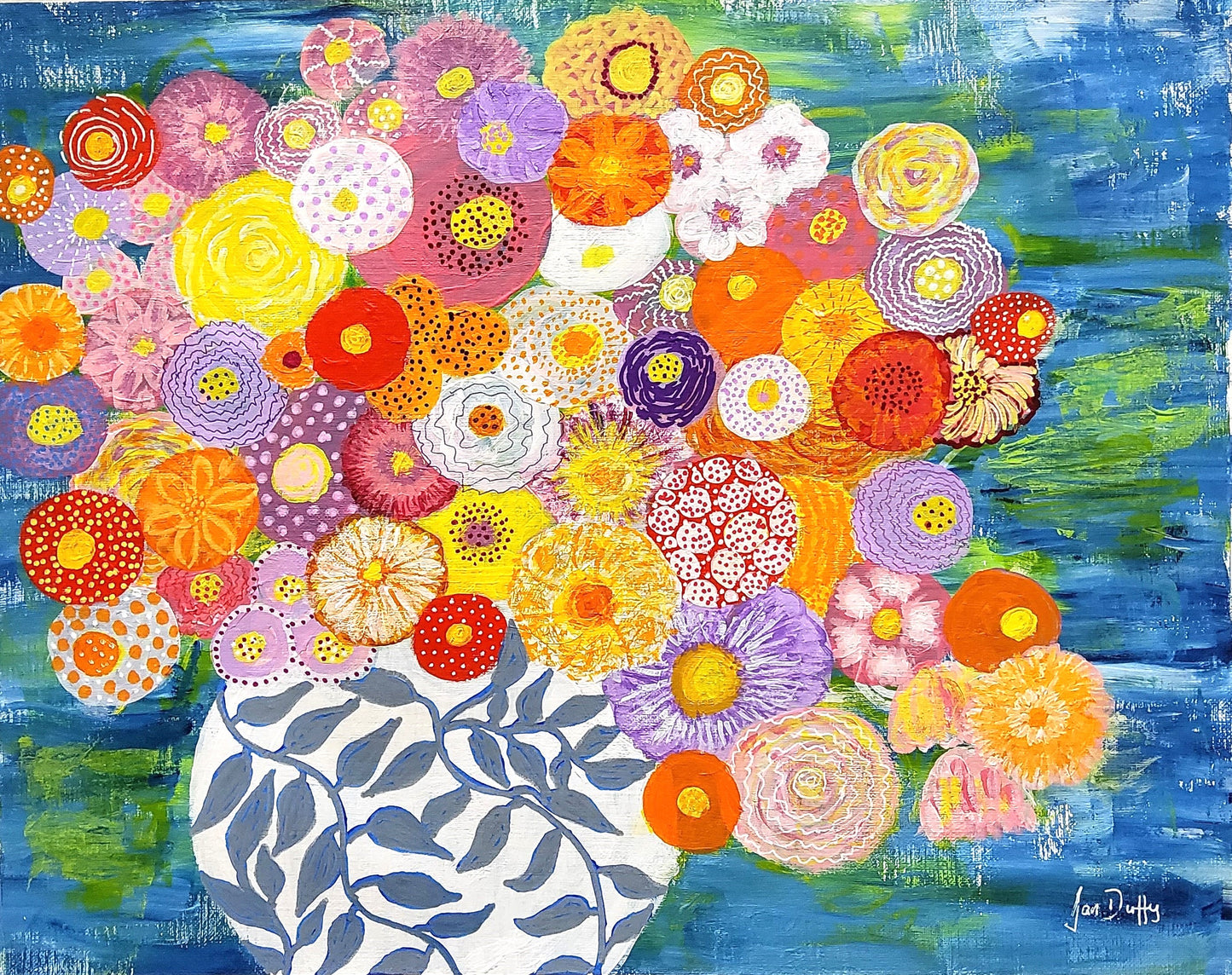 ABUNDANCE IN WHITE VASE WITH GREY LEAVES. ORIGINAL ARTWORK ON PAPER. IMAGE SIZE 11" X 14"