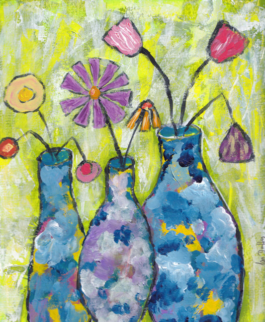 Wrapped Canvas Print 16" X 20" Flowers in Mottled Glass Vases