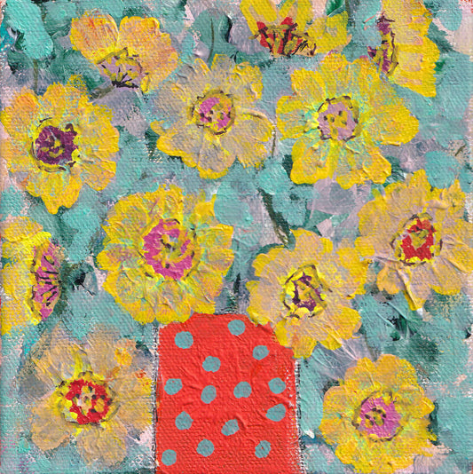 FLOWERS IN ORANGE AND TURQUOISE POLKA DOT VASE