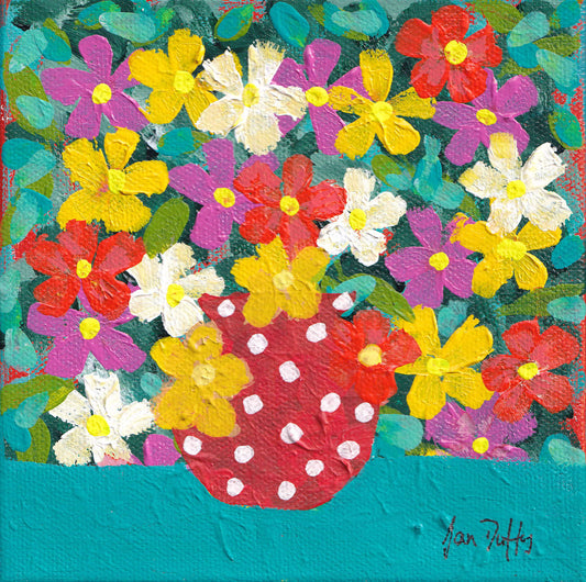 FLOWERS IN RED POLKA DOT VASE