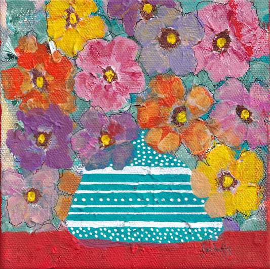 FLOWERS IN TURQUOISE AND WHITE STRIPED VASE