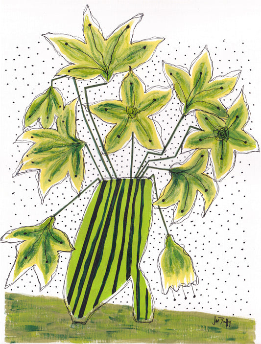 GREEN FLOWERS IN GREEN AND BLACK STRIPED VASE. ORIGINAL ARTWORK ON PAPER. IMAGE SIZE 11" X 14"