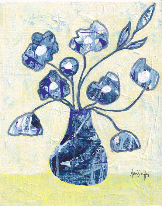 BLUE FLOWERS IN BLUE VASE ON PALE YELLOW BACKGROUND