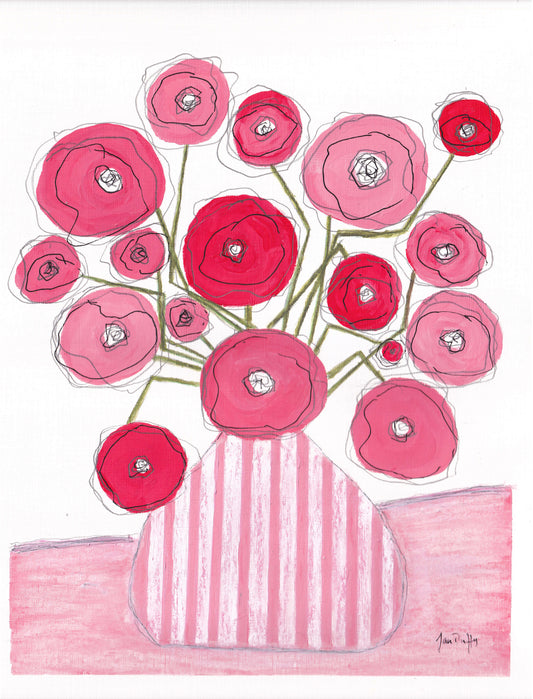 Wrapped Canvas Print 24 X 30" Pink Poppies in Candy Stripe Vase