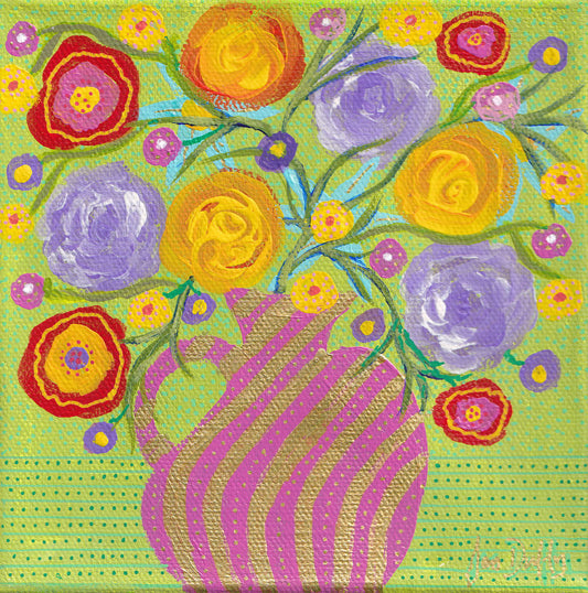 SWIRLY FLOWERS IN PINK AND GOLD SWIRLY STRIPED VASE