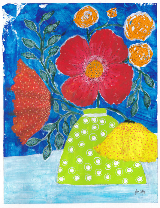 Wrapped Canvas Print 16 X 20" Poppies in Apple Green Polka Dot Vase