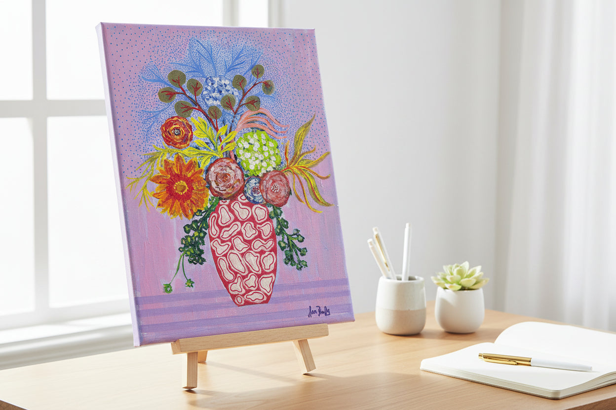 Colorful floral arrangement in a pink vase on a pink background with a signature at the bottom right corner.