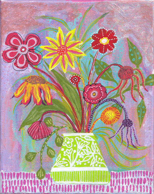 Wrapped Canvas Print 16 X 20" Summer Flowers in Green and White Vase