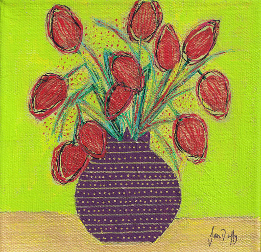 TULIPS IN PURPLE AND GOLD STRIPED VASE