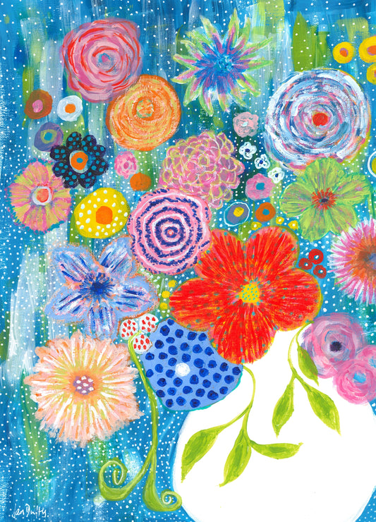 BOUQUET IN WHITE VASE WITH GREEN LEAVES. ORIGINAL ARTWORK ON PAPER. IMAGE SIZE 11" X 14"